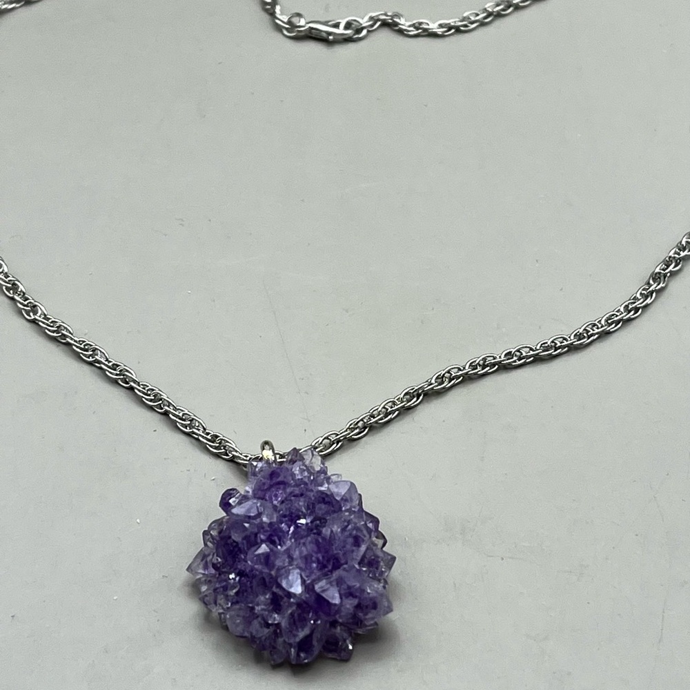 Raw Amethyst Purple Geode Crystal Pendant Necklace -Boho February Birthstone - Picture 3 of 7